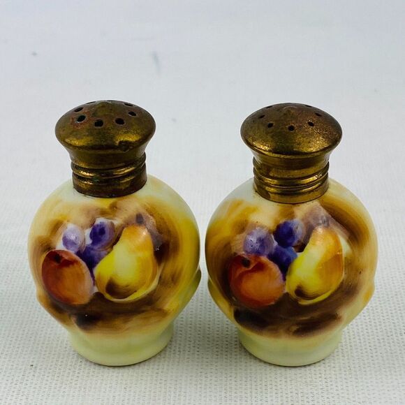 Vtg Enesco Fruit Pattern Salt Pepper Set & Holder Gold Trim Hand Painted E2358 - Picture 2 of 9